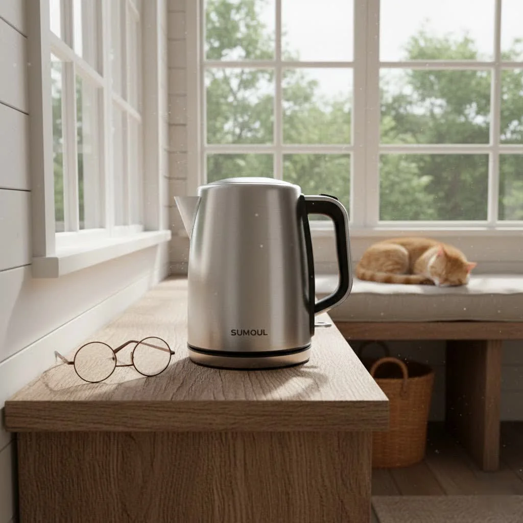 Elegant white electric tea kettle on a kitchen counter