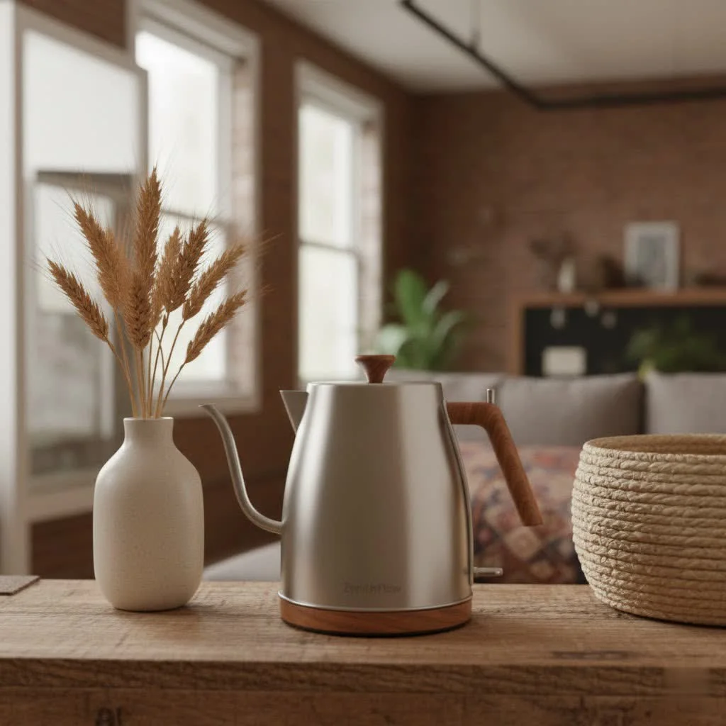 Modern kitchen with a sleek stainless steel electric tea kettle on the counter