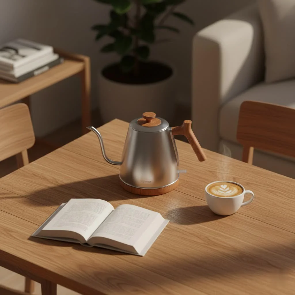 Electric tea kettle with temperature control on a kitchen counter