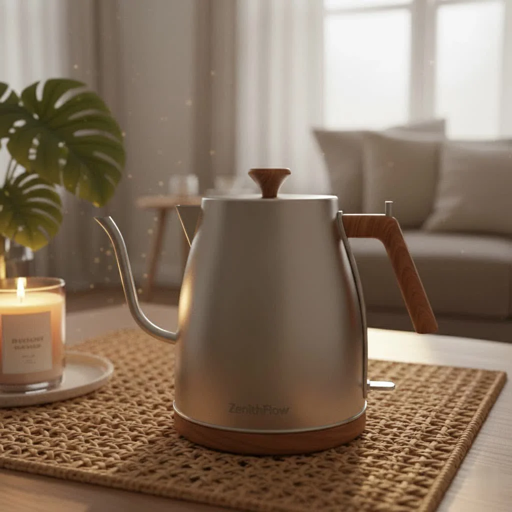 Modern electric water kettle boiling water on a kitchen counter