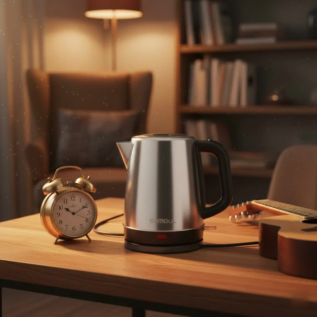 Small electric kettle boiling water on a kitchen counter