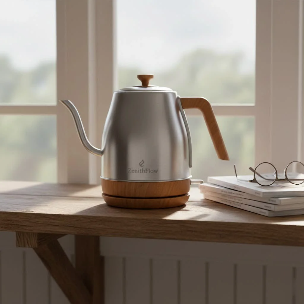 A sleek stainless steel aroma electric kettle with a glass body