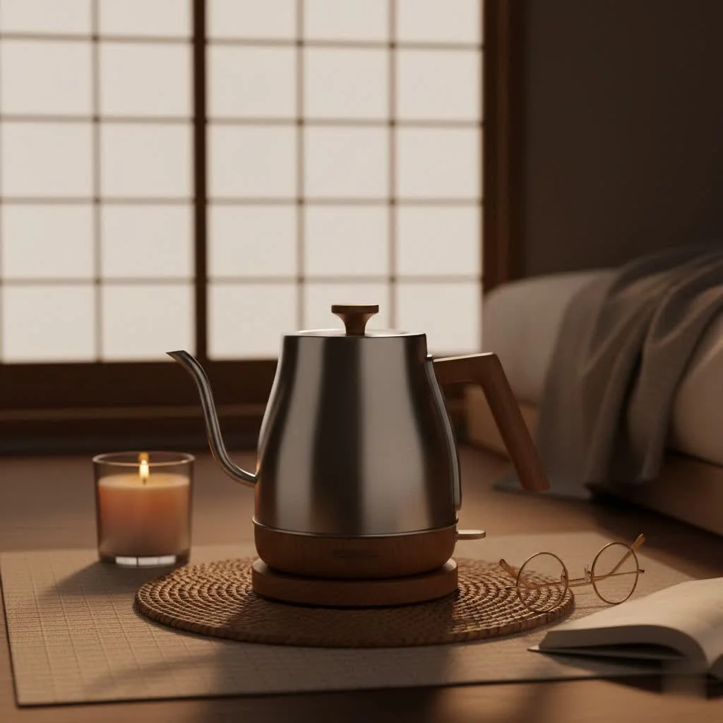 Electric tea infuser kettle with glass carafe and tea leaves