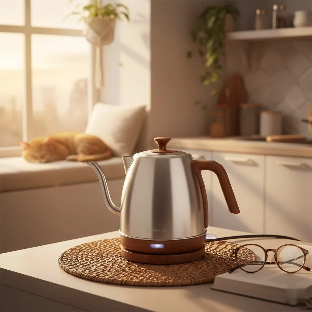 Electric coffee kettle with a gooseneck spout and temperature control