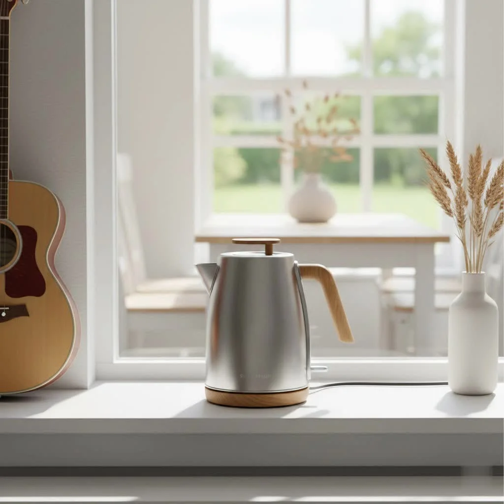 Smeg electric kettle in a vibrant red color on a kitchen counter