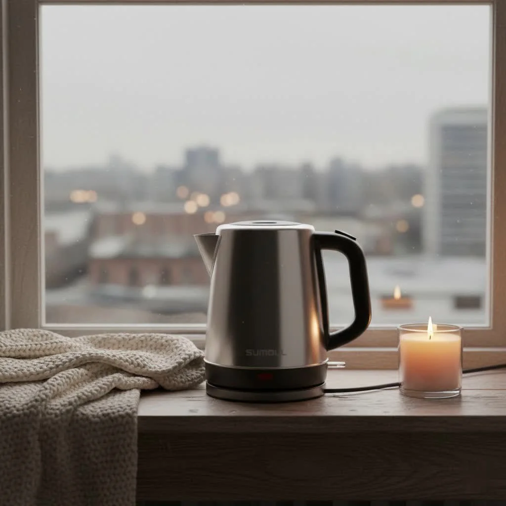 Electric kettle with temperature control on a kitchen counter