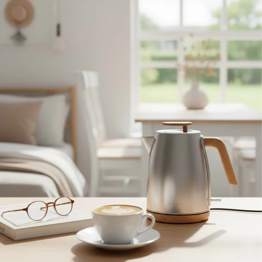 Retro-style cute electric kettle in a pastel blue color
