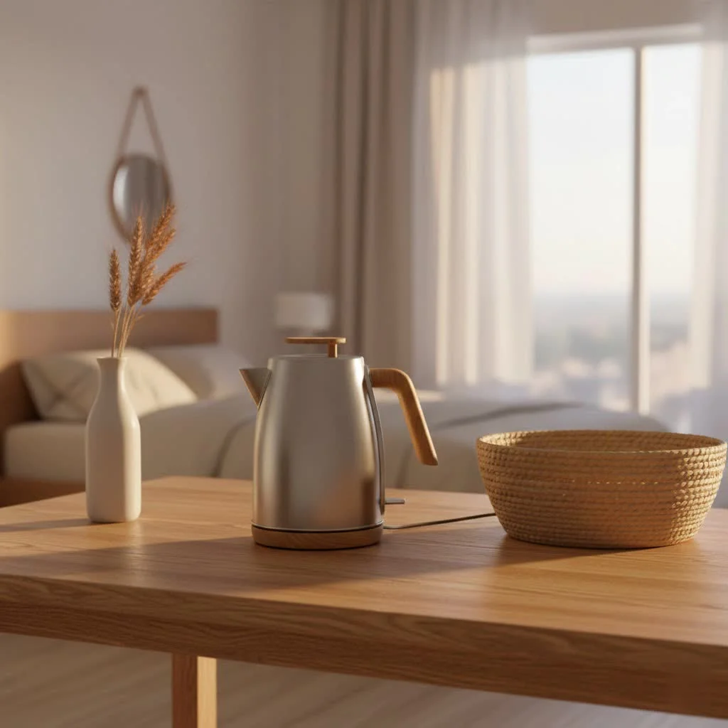 Elegant ceramic electric tea kettle on a kitchen counter