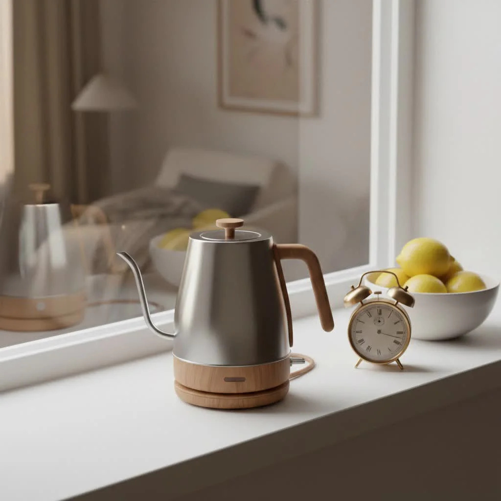 Modern electric hot kettle boiling water on a kitchen counter