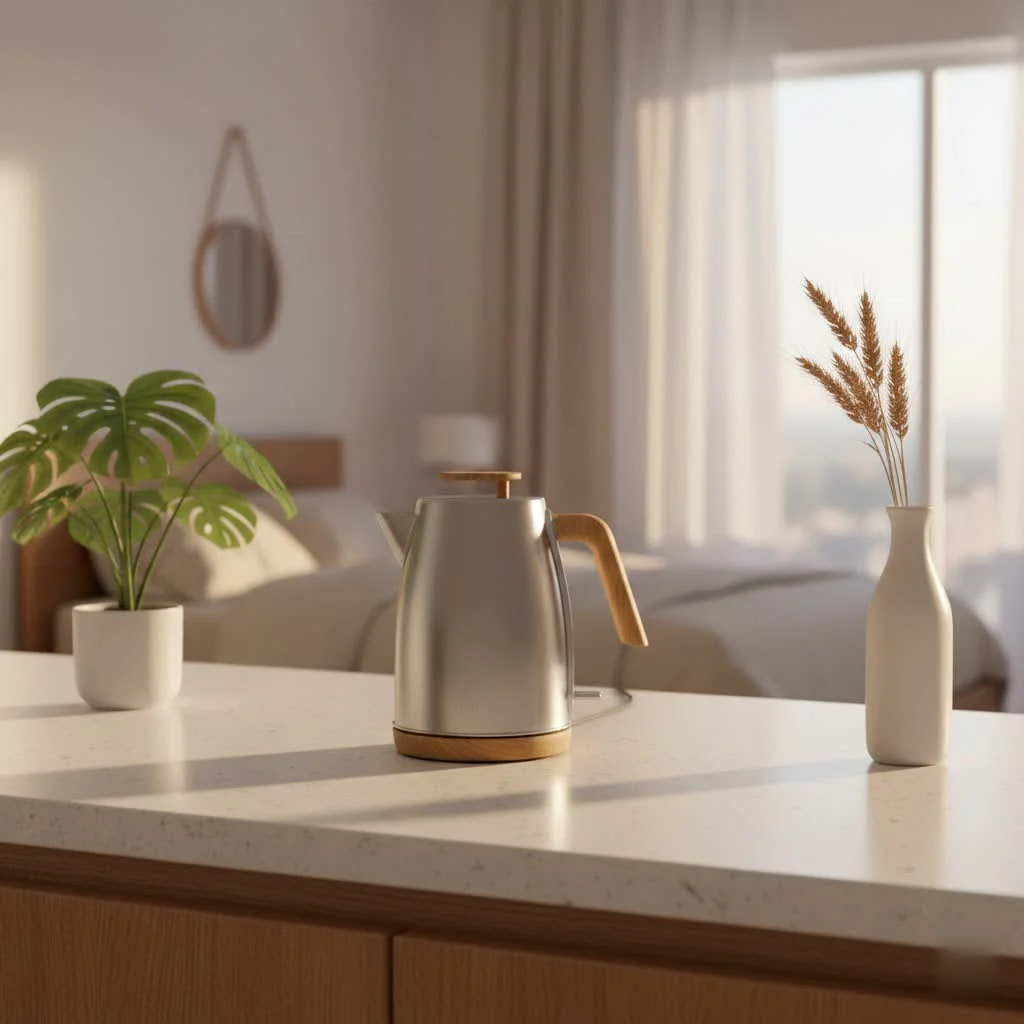 Small electric kettle boiling water on a kitchen counter