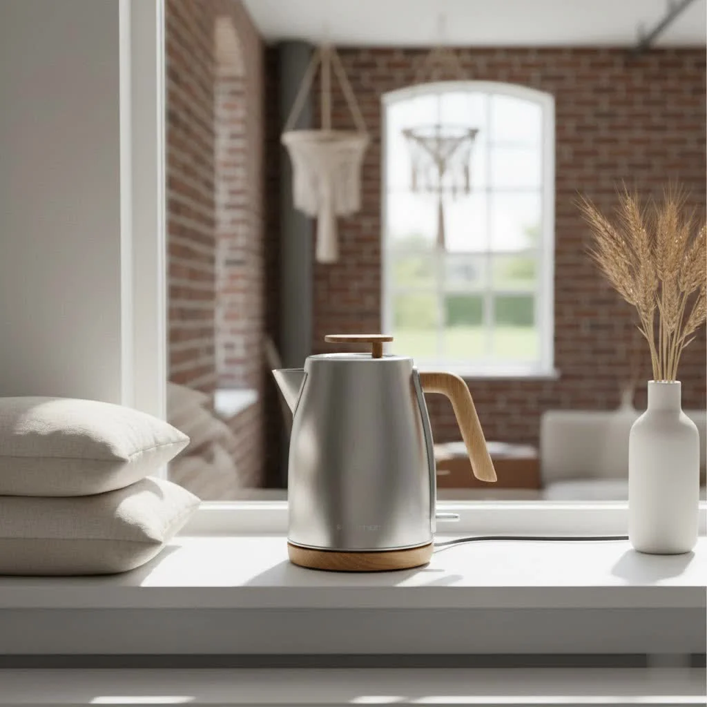 Modern electric kettle boiling water for hot beverages