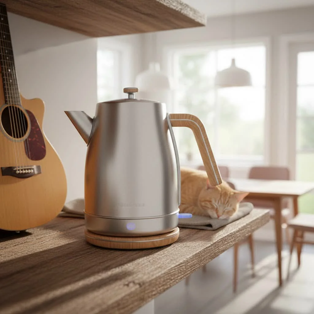 Modern electric tea kettle boiling water on a kitchen counter